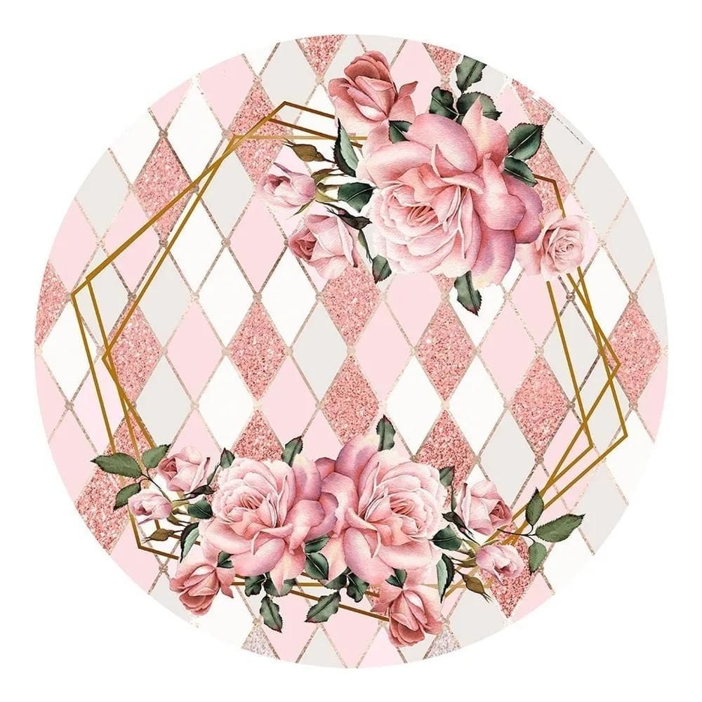 Painel Festa Redondo Sublimado 3D Tecido C/E Flores Geométri