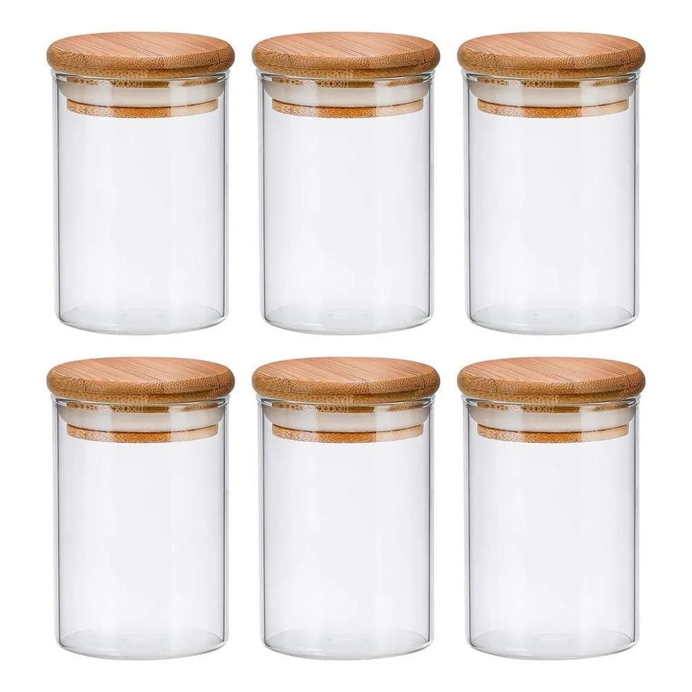 Kit 6 Pote Vidro 300Ml Redondo Hermeticos Com Tampa De Bambu