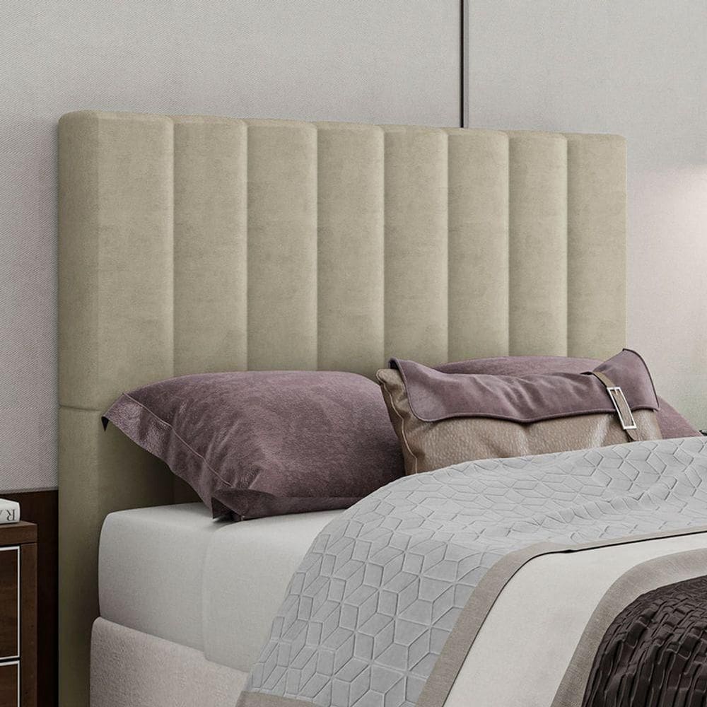 Cabeceira Estofada Queen 160 Cm Esmeralda Veludo Bege