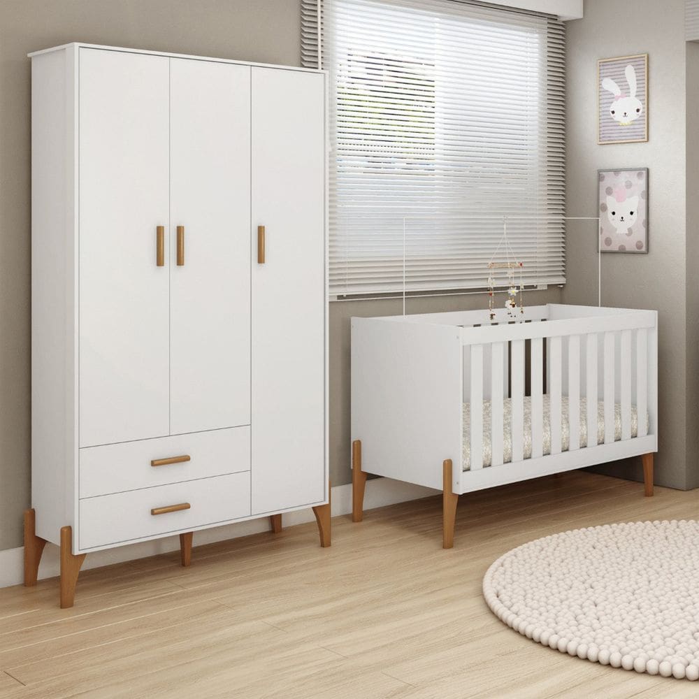 Quarto de Bebê com Guarda-roupa e Berço Mini Cama 100% Mdf Retrô Acetinado atóxico Liris Branco