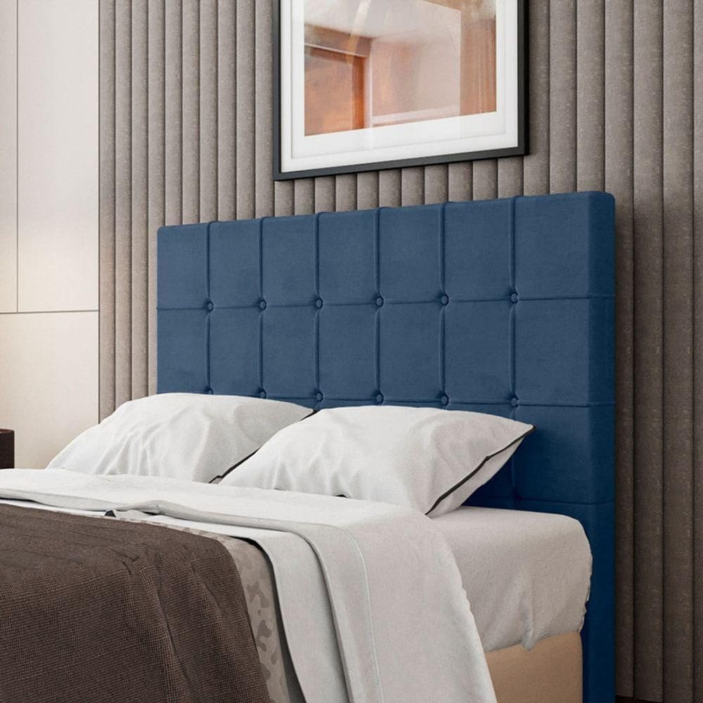 Cabeceira Estofada Solteiro 90 Cm Turmalina Veludo Azul Marinho