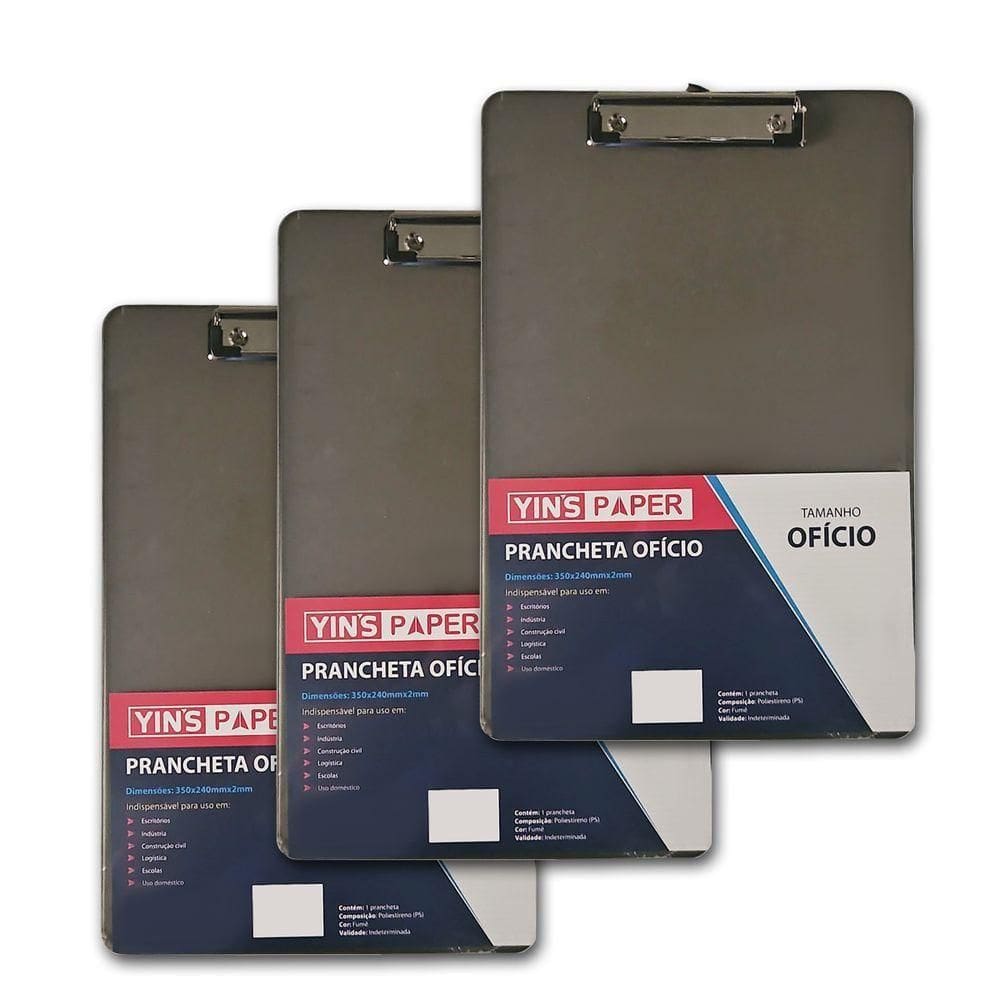 Kit 3 Prancheta Ofício Fume Transparente Predendor Metal Cinza Transparente N-a