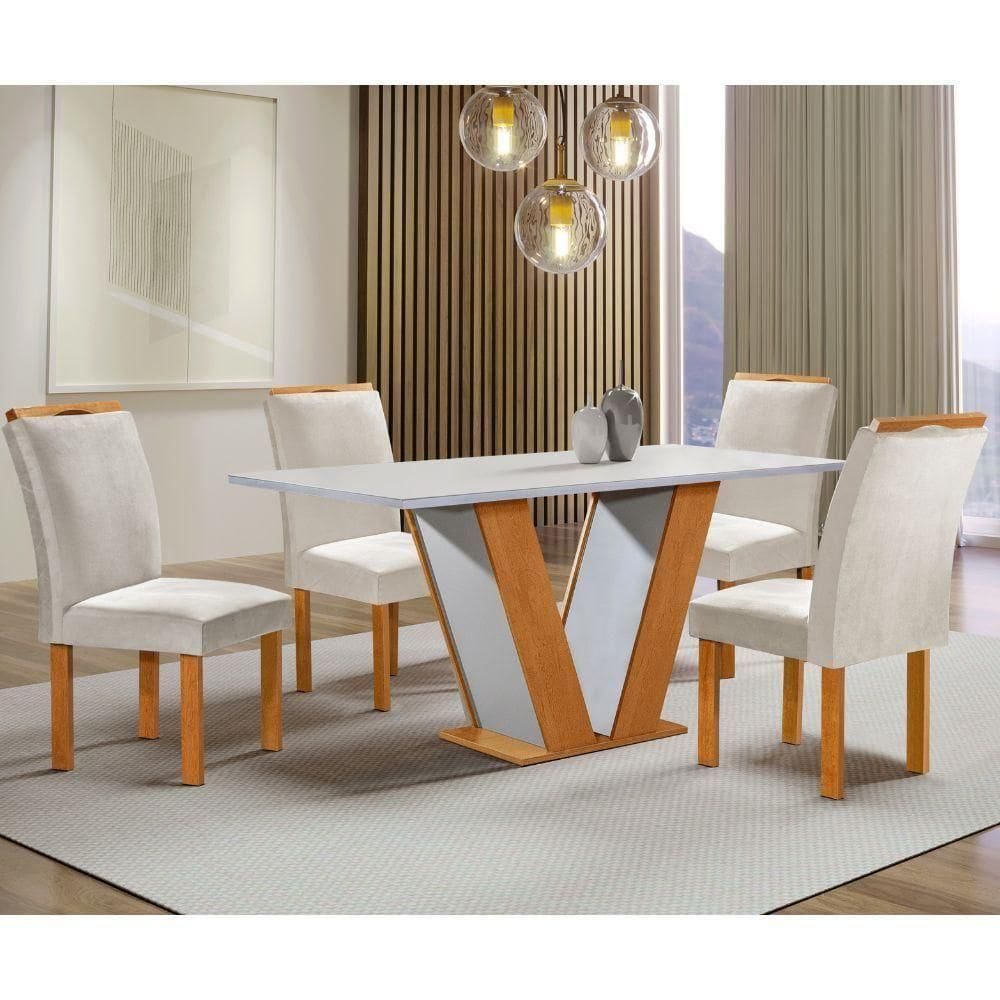 Mesa De Jantar 4 Cadeiras Tampo De Vidro Cinamomo-off White Qatar Cel Móveis