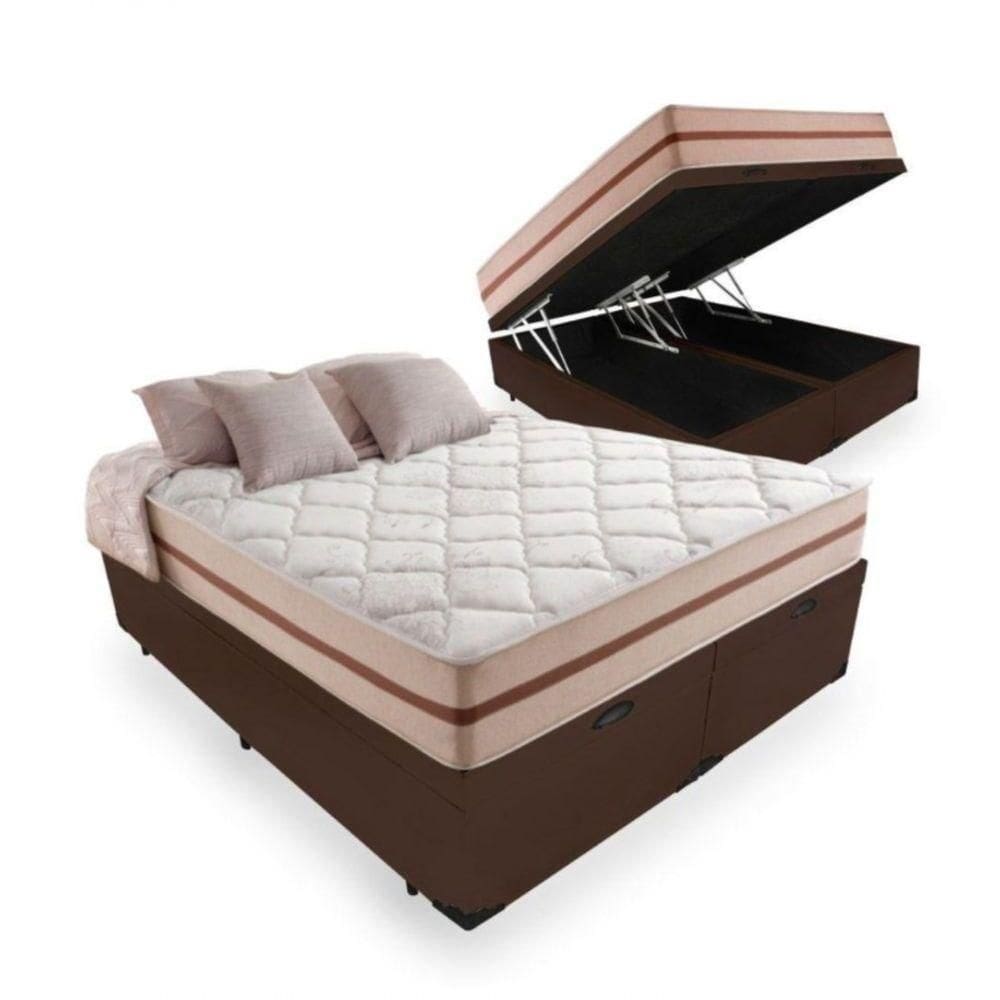 Cama Box Baú King Tecido Sintético Marrom Com Colchão Pillow Angel - Bello Box - Molas Ensacadas