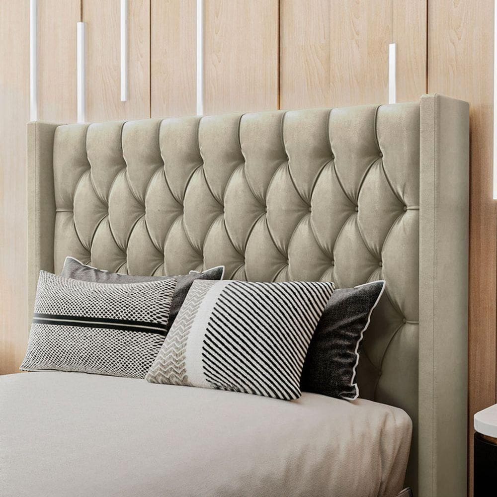 Cabeceira Estofada Casal 140 Cm Pérola Veludo Bege