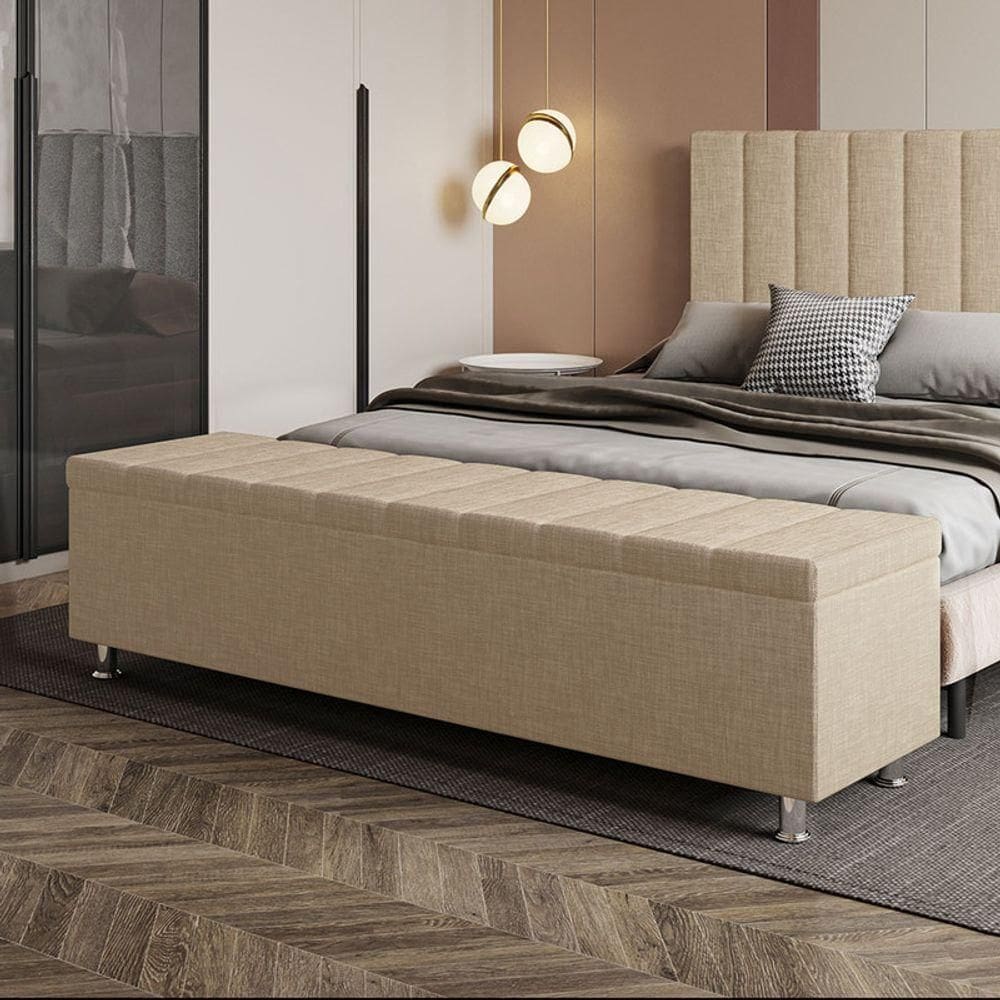 Calçadeira Baú Recamier Estofado King 195 Cm ônix Linho Bege