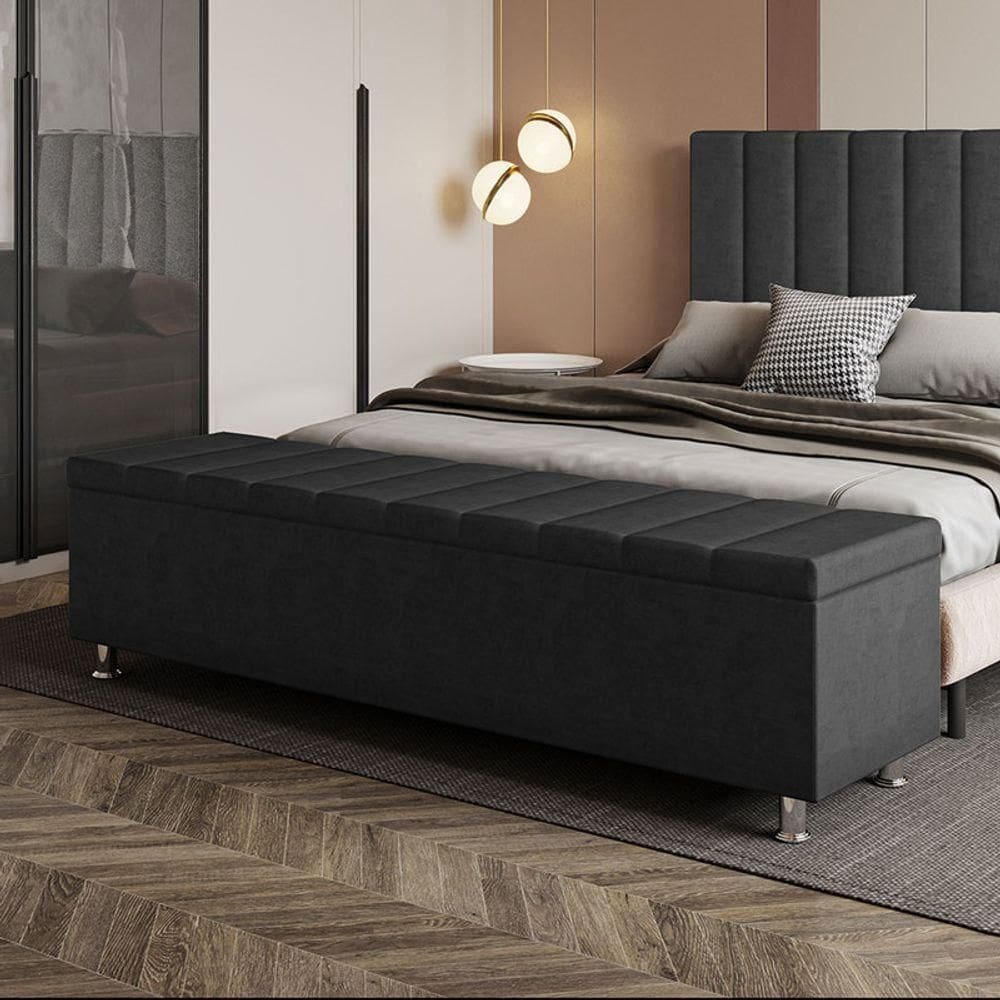Calçadeira Baú Recamier Estofado Casal 140 Cm ônix Veludo Preto