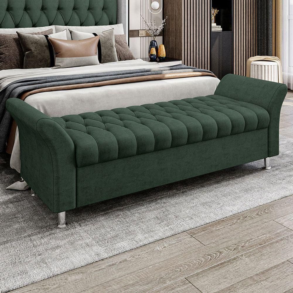 Recamier Puff Estofado Casal 140 Cm ágata Veludo Verde