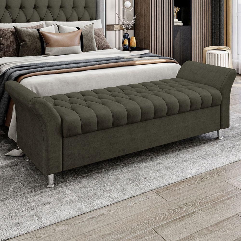 Recamier Puff Estofado Queen 160 Cm ágata Veludo Marrom