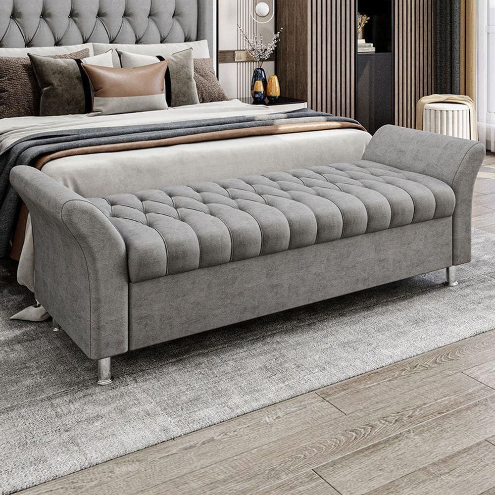 Recamier Puff Estofado Casal 140 Cm ágata Veludo Cinza