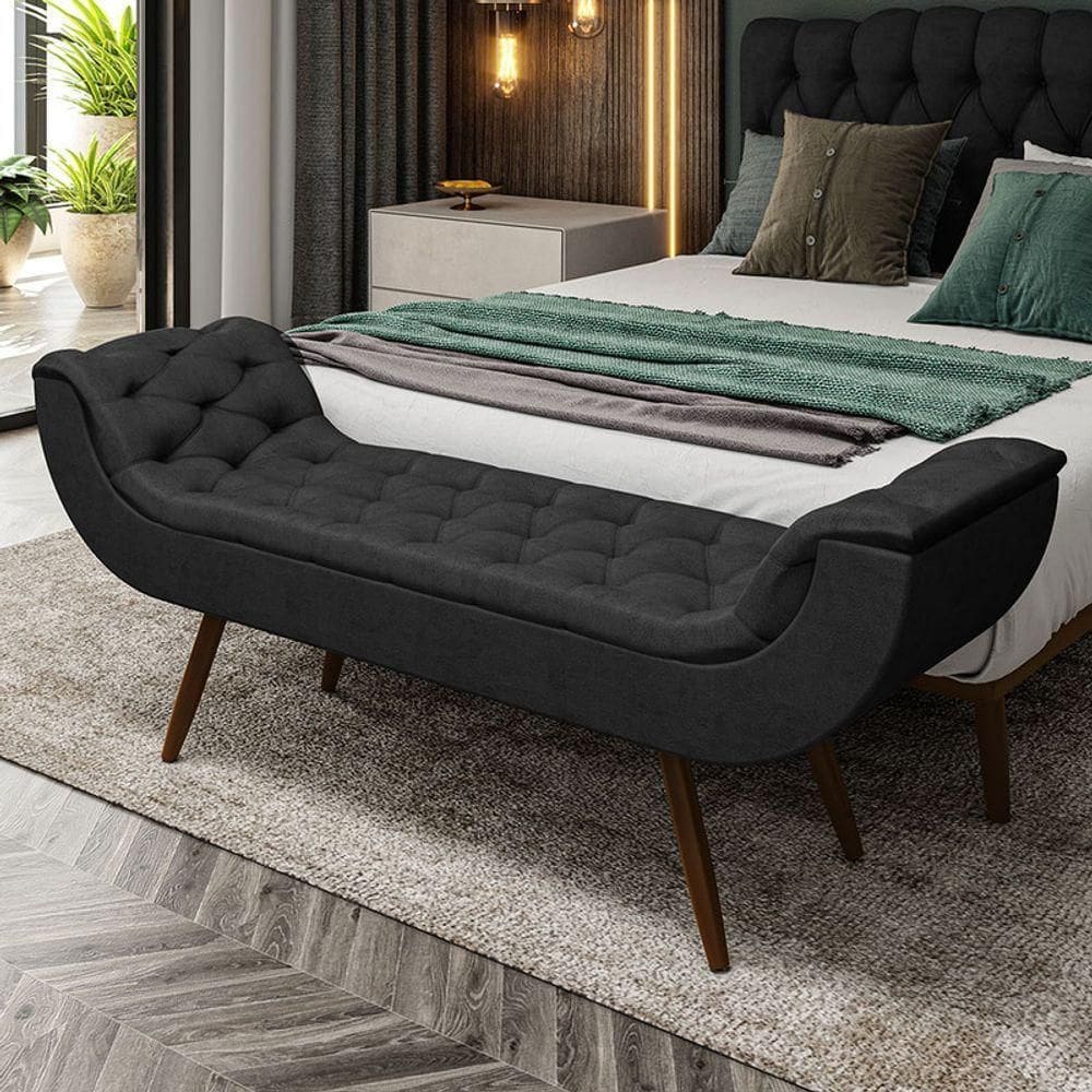 Recamier Puff Estofado King 195 Cm Drusa Veludo Preto