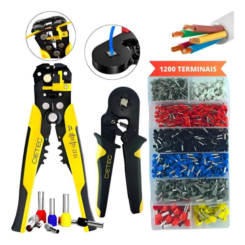 Kit Alicate Crimpar Descascador 1200 Terminais Ilhós Tubular