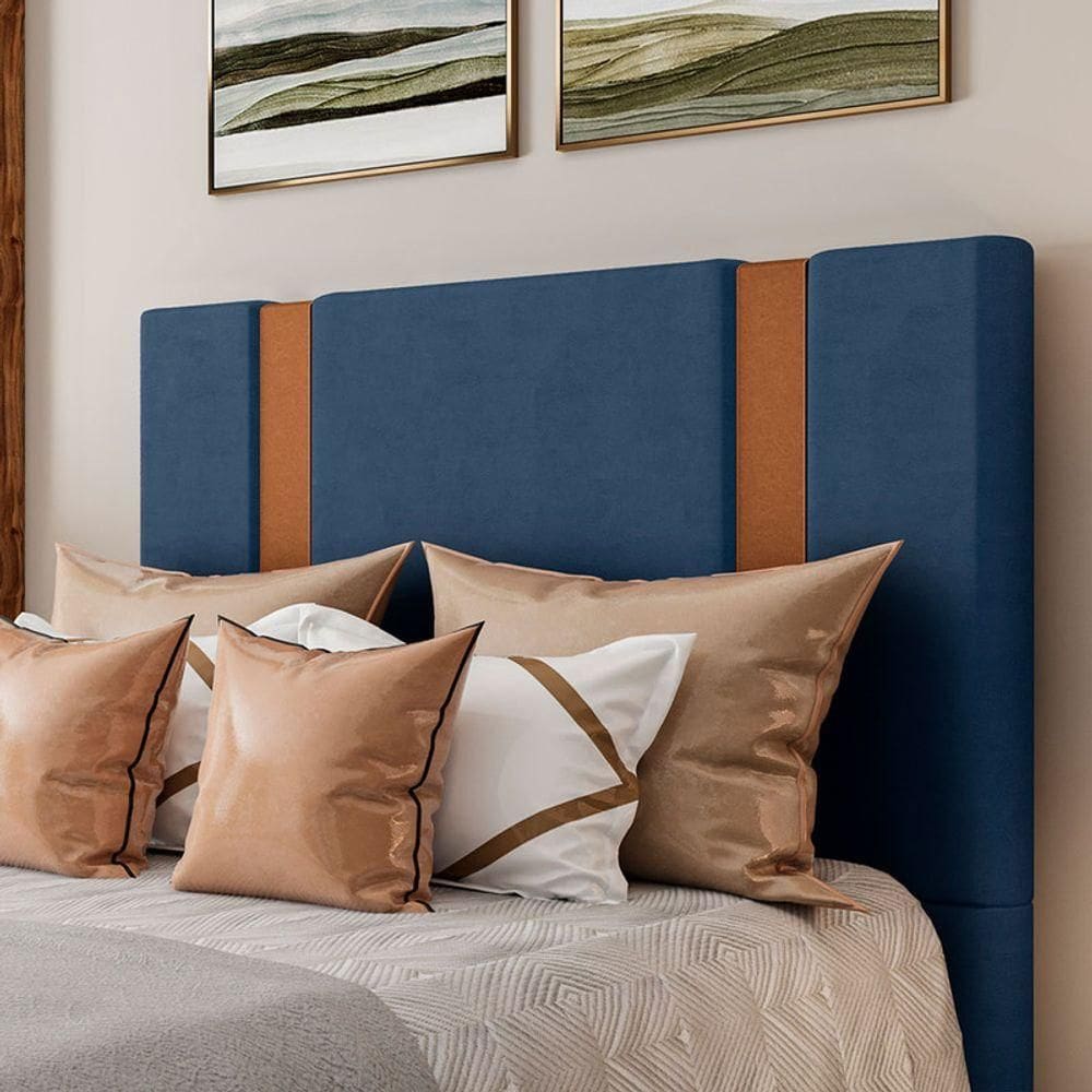 Cabeceira Estofada Queen 160 Cm Ametista Veludo Azul Marinho
