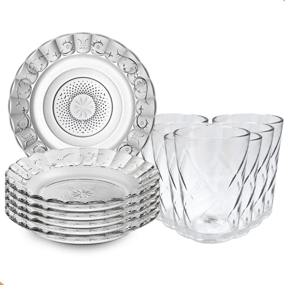 Jogo De Jantar 6 Pratos E 6 Copos Vidro De Alta Qualidade