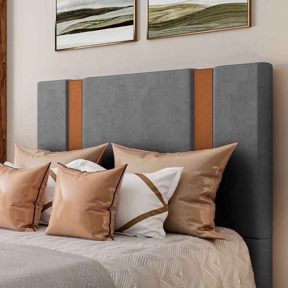Cabeceira Estofada Casal 140 Cm Ametista Veludo Cinza