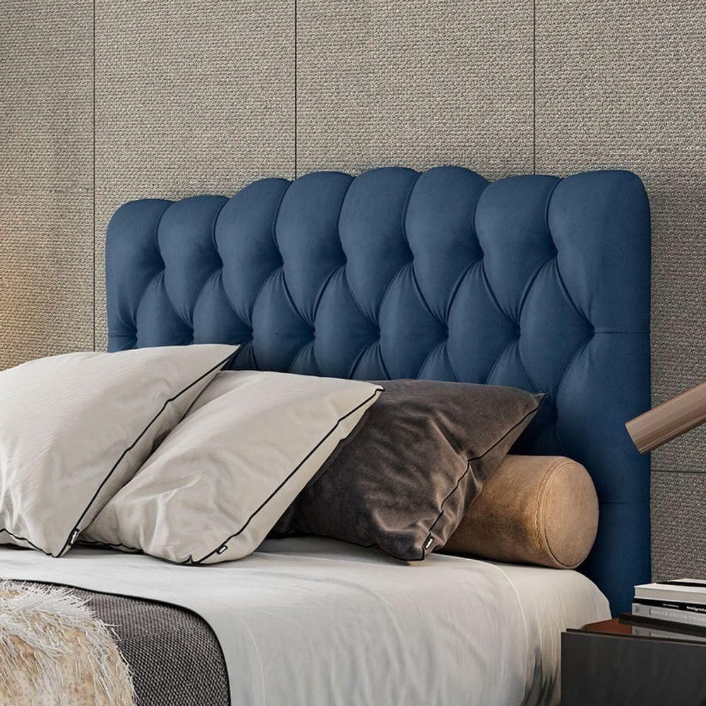Cabeceira Estofada Casal 140 Cm Prisma Veludo Azul Marinho