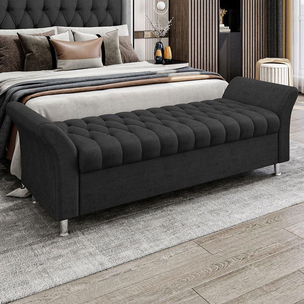 Recamier Puff Estofado Queen 160 Cm ágata Veludo Preto