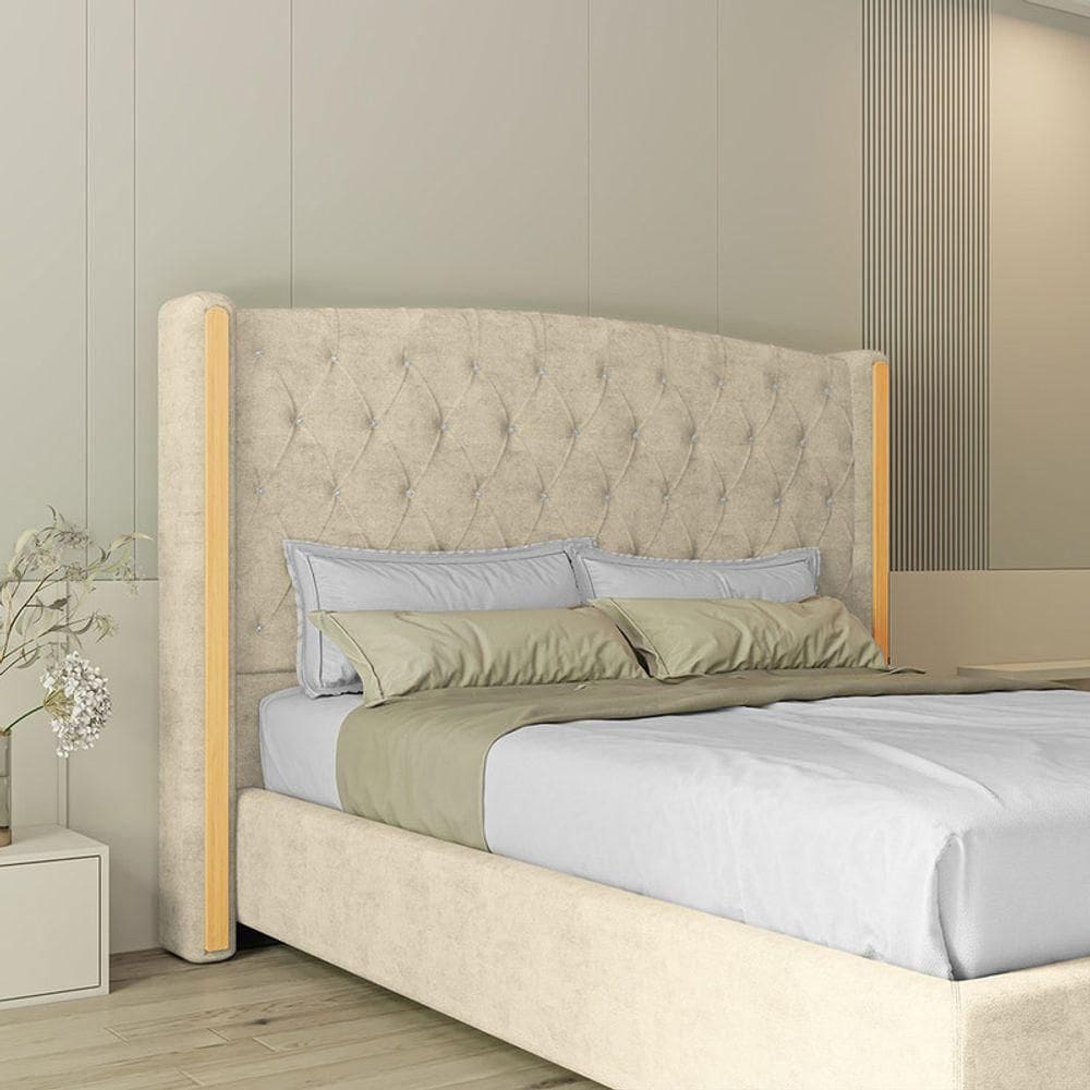 Cabeceira Estofada Queen 160 Cm Zirconio Veludo Bege