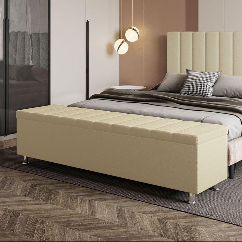 Calçadeira Baú Recamier Estofado King 195 Cm ônix Linho Creme