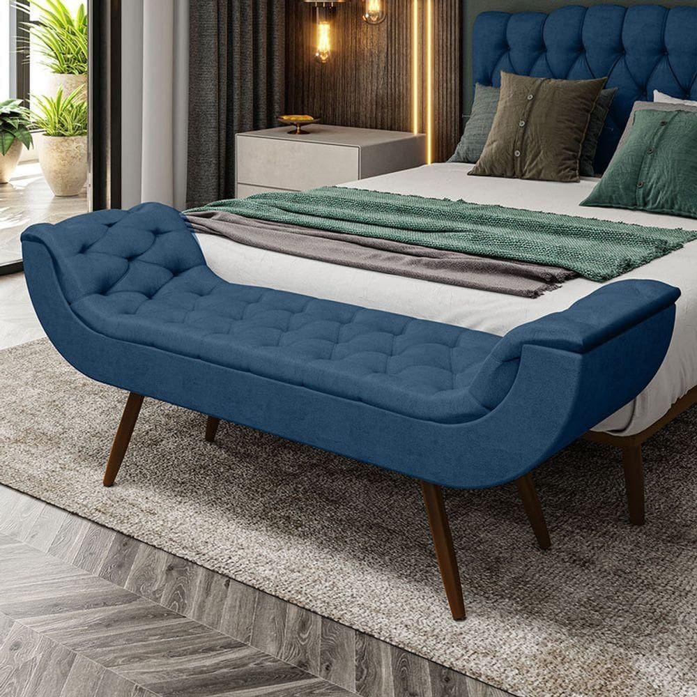 Recamier Puff Estofado King 195 Cm Drusa Veludo Azul Marinho