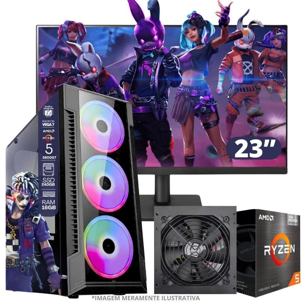 PC Gamer AMD Ryzen 5 5600GT  16GB RAM  Placa de video Radeon Vega 7  SSD 240GB  Fonte 550W + Monitor 23” LED 75hz