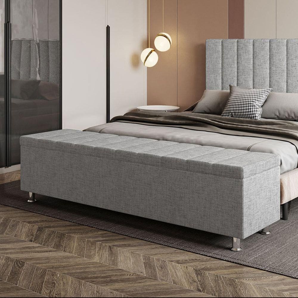 Calçadeira Baú Recamier Estofado Casal 140 Cm ônix Linho Cinza