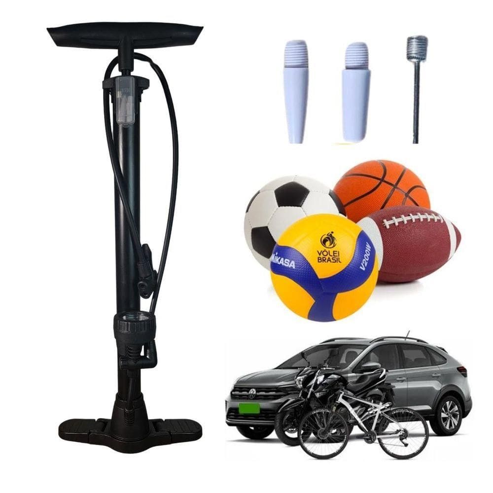 Bomba Ar Manual Encher Pneus Com Manômetro 2 Bicos Boia