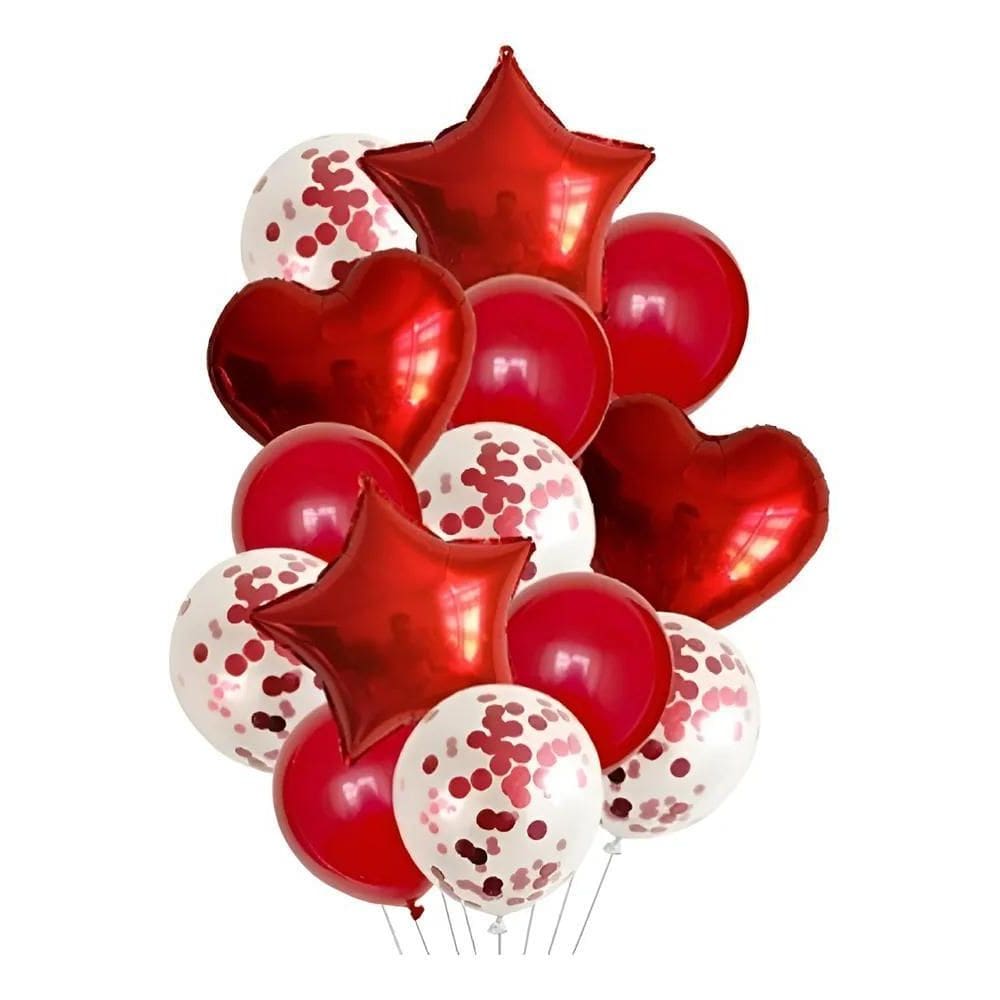 Kit Buque Balões Metalizado E Látex Kit C/14 Balã Vermelho