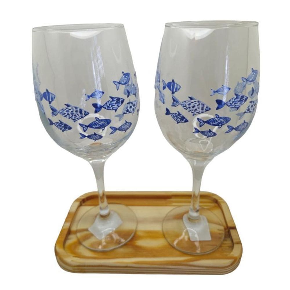 Kit 2 Taças Bandeja Peixes Cristal Personalizada Vinho 490Ml