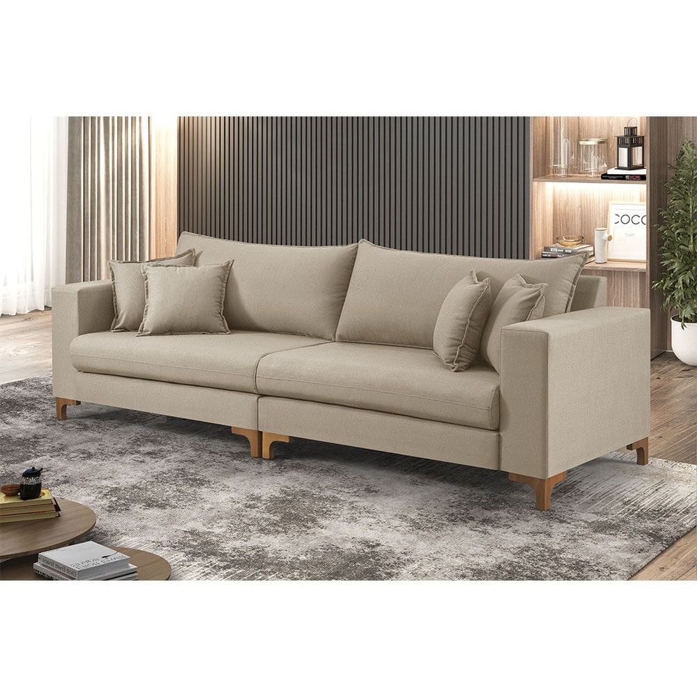 Sofa Fixo 3 Lugares 2,20m M-197 Molas Bonnel, Almofadas Soltas e Revestimento em Linho - Estofados Martins