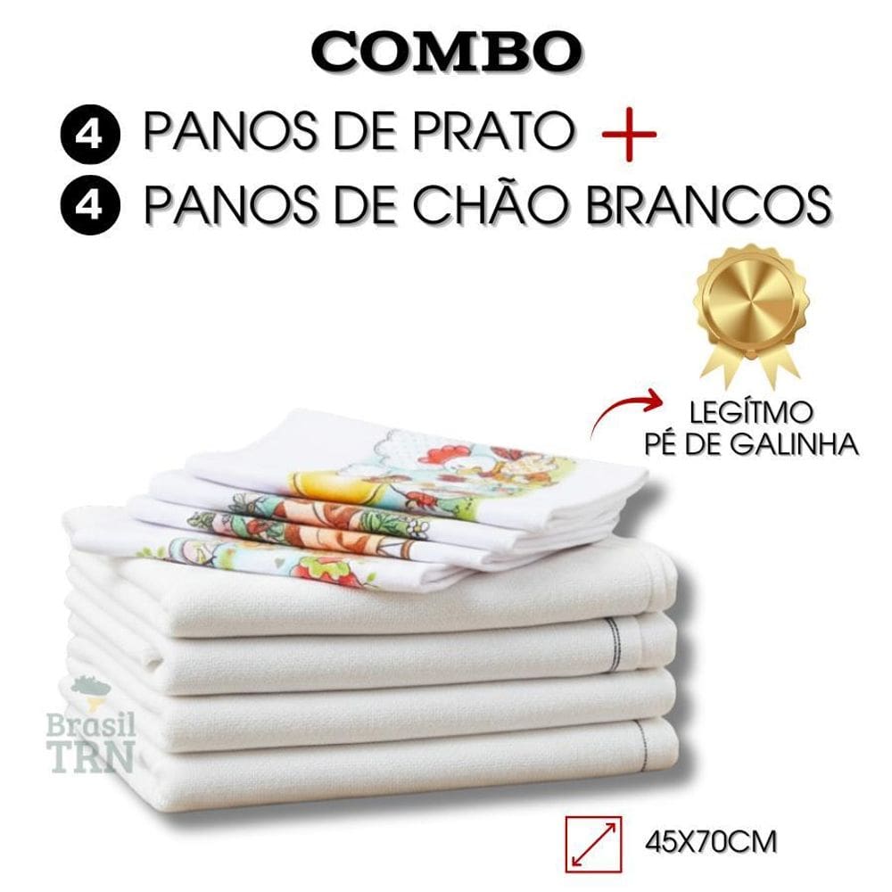 4 Panos De Chão Branco Duplo + 4 Panos Prato Pé De Galinha