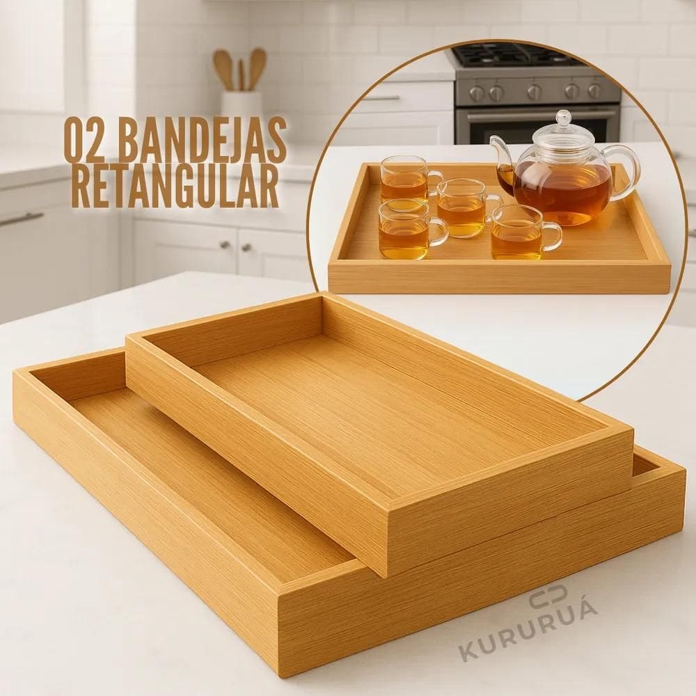 2X Kit 2 Bandeja De Bambu Para Cozinha Conjunto Retangular M