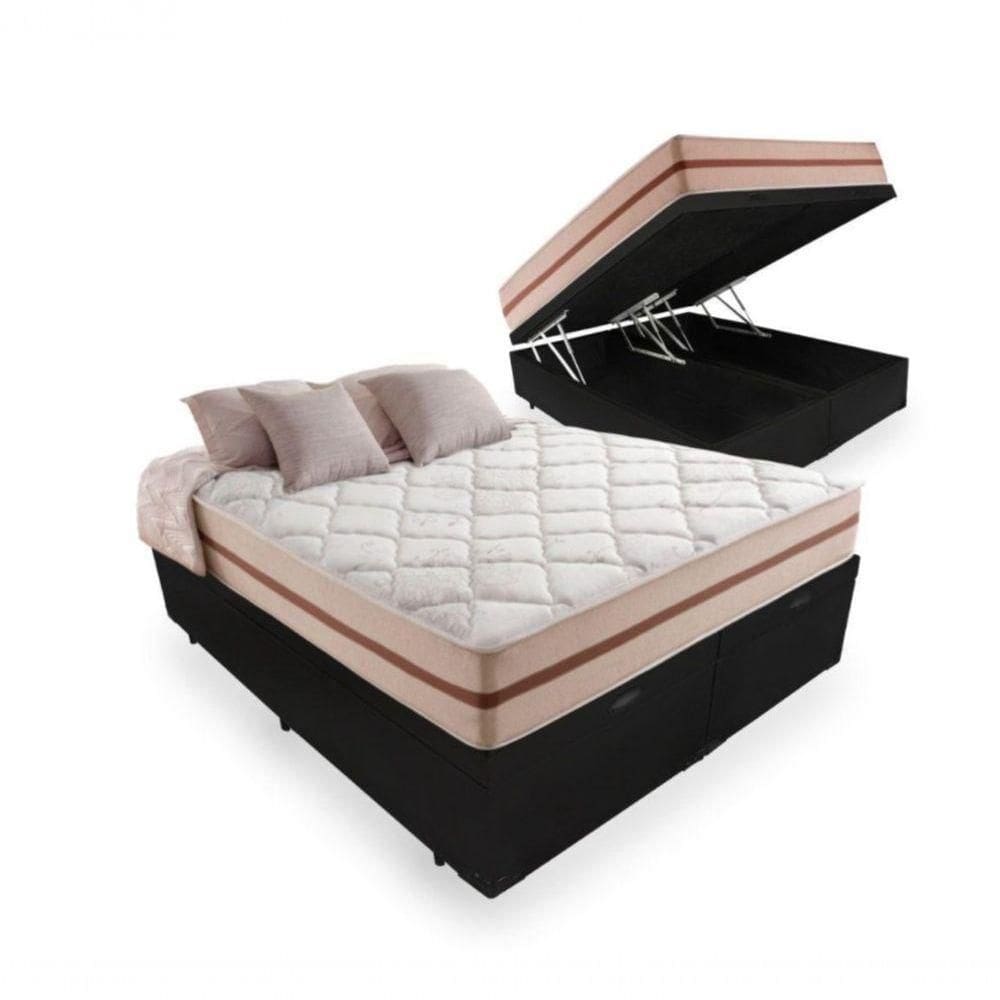 Cama Box Baú King Tecido Sintético Preto Com Colchão Pillow Angel - Bello Box - Molas Ensacadas
