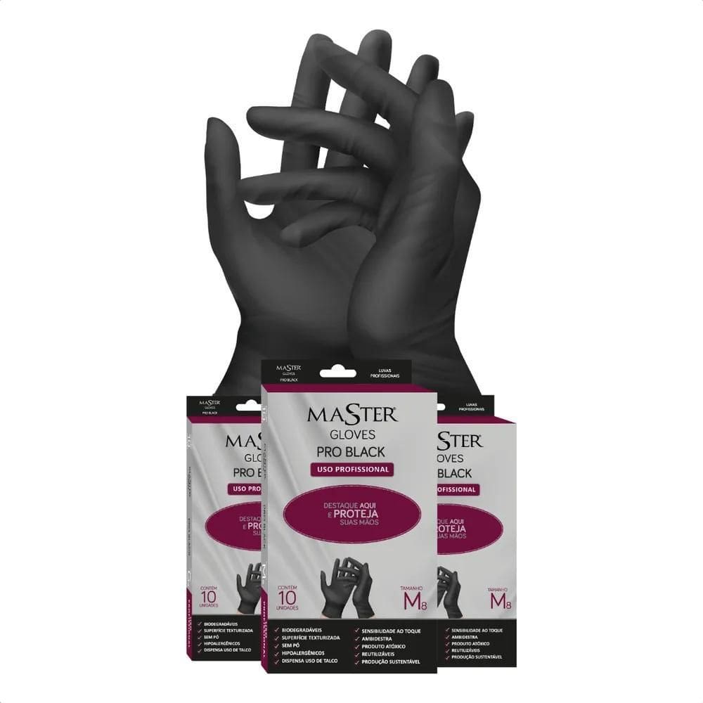 Luva De Látex Master Pro Black Tamanho M Reutilizável Sem Pó