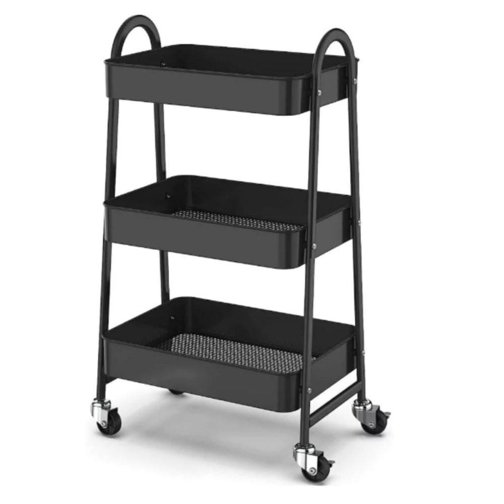 Prateleira De Metal Multiuso 3 Andares Com Rodinhas - Preto