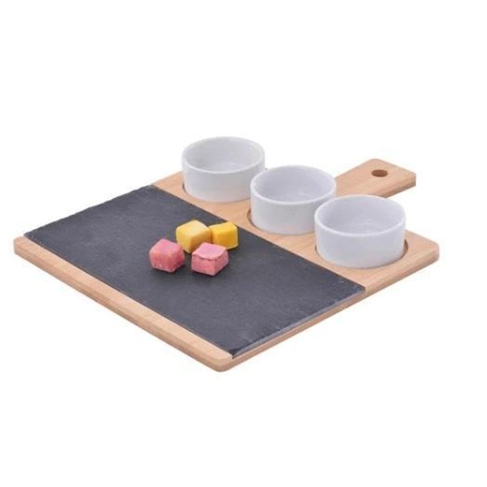 Conjunto Petisqueira Porcelana 3 Peças Com Bandeja Bambu