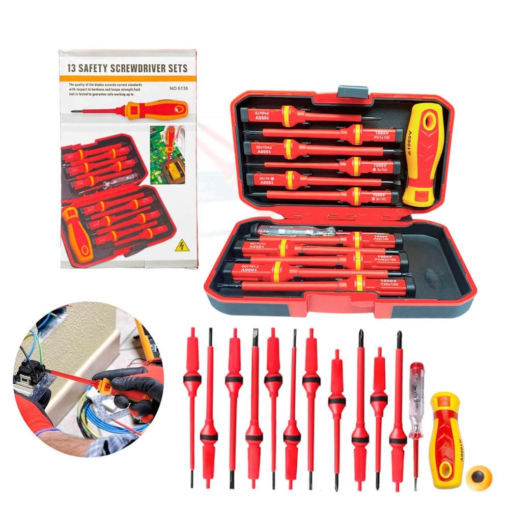 Kit Chave de Fenda Isolada com Imã 13 em 1 — Conjunto Profissional com Lâminas em Aço Temperado, Alta Resistência e Isolação até 1000V