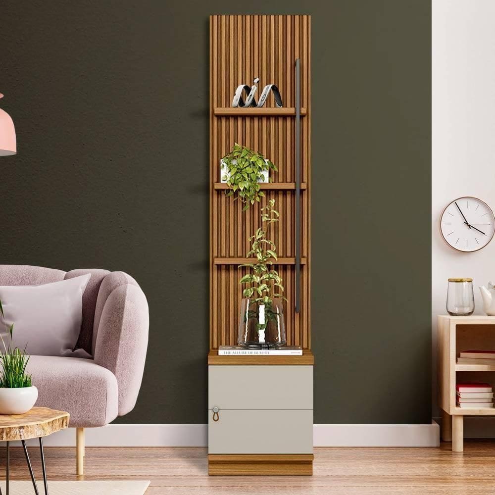 Estante Módulo Lateral Multiuso Ripado 3 Prateleiras Sala Nature Off White Nature/off White