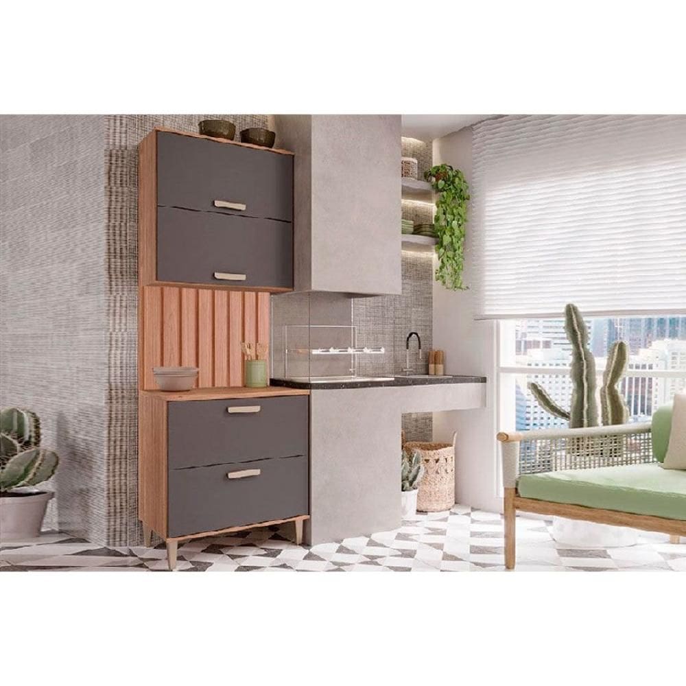 Cozinha Completa Bella 3 Peças (1Aéreo+1Balcão+1Painel Ripado) 80cm Freijo/Titanium - MGM