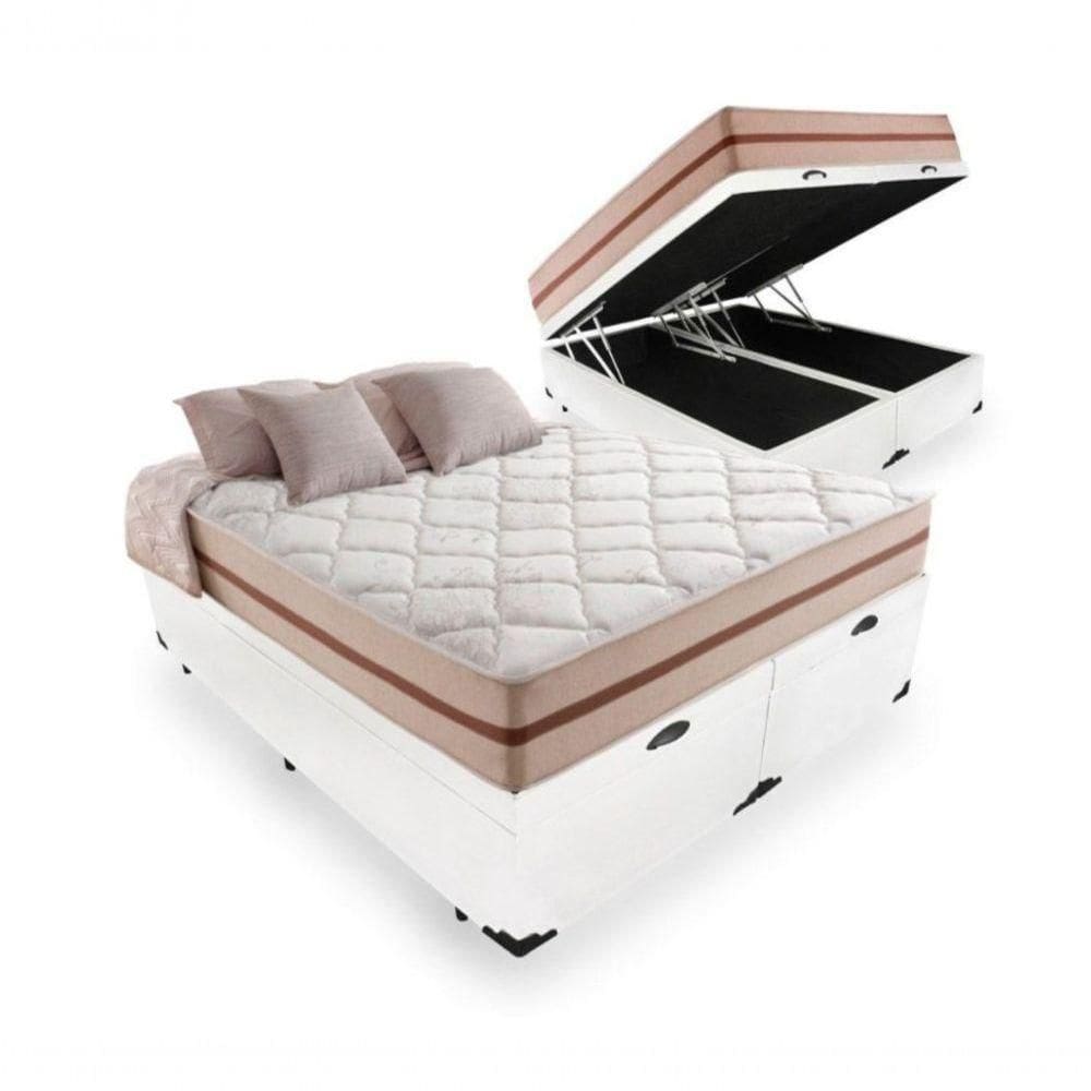 Cama Box Baú King Tecido Sintético Branco Com Colchão Pillow Angel - Bello Box - Molas Ensacadas