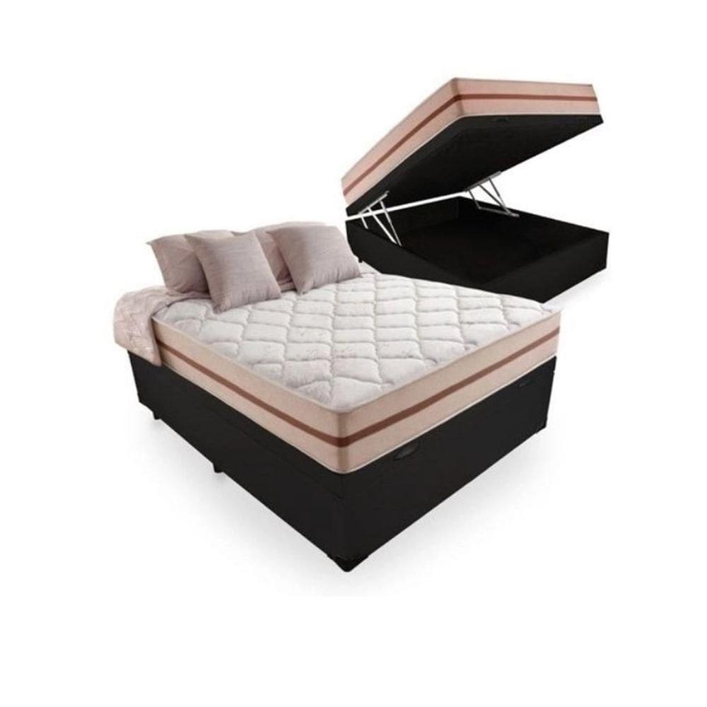 Cama Box Baú Viúva 128 Tecido Sintético Preto Com Colchão Pillow Angel - Bello Box - Molas Ensacadas 62x128x188