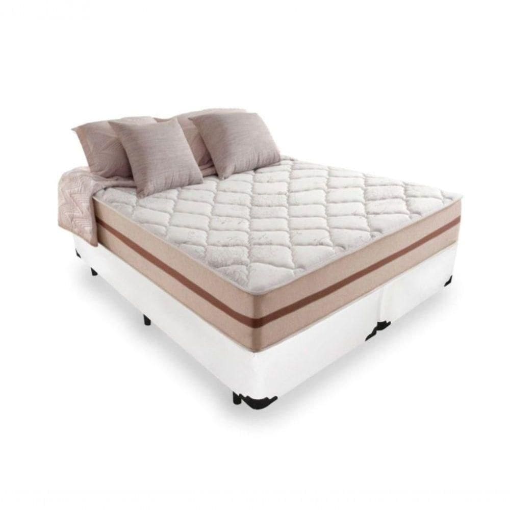 Cama Box Queen Tecido Sintético Branco Com Colchão Pillow Angel - Bello Box - Molas Ensacadas