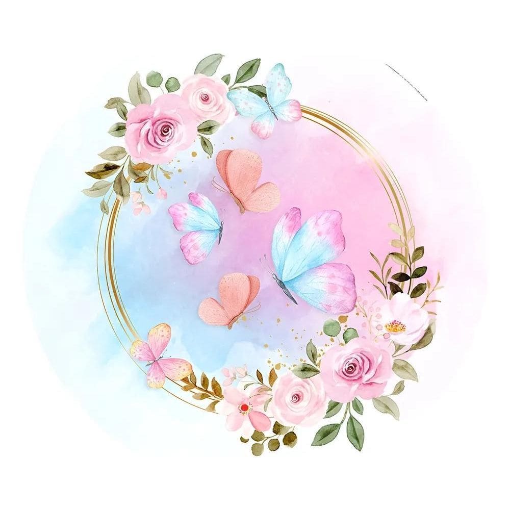 Painel Festa Redondo Sublimado 3D Tecido C/Elás Borboleta Ro