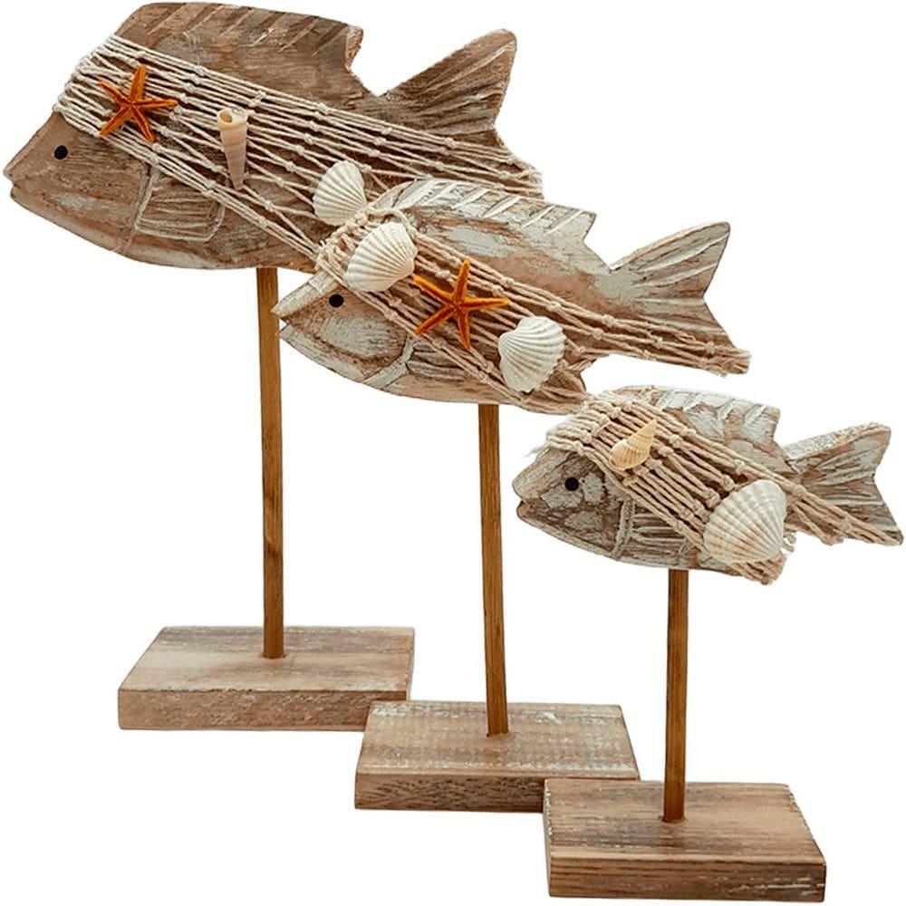 Enfeite Peixes Pedestal Em Madeira Casa Praia Mar Kit 3pçs