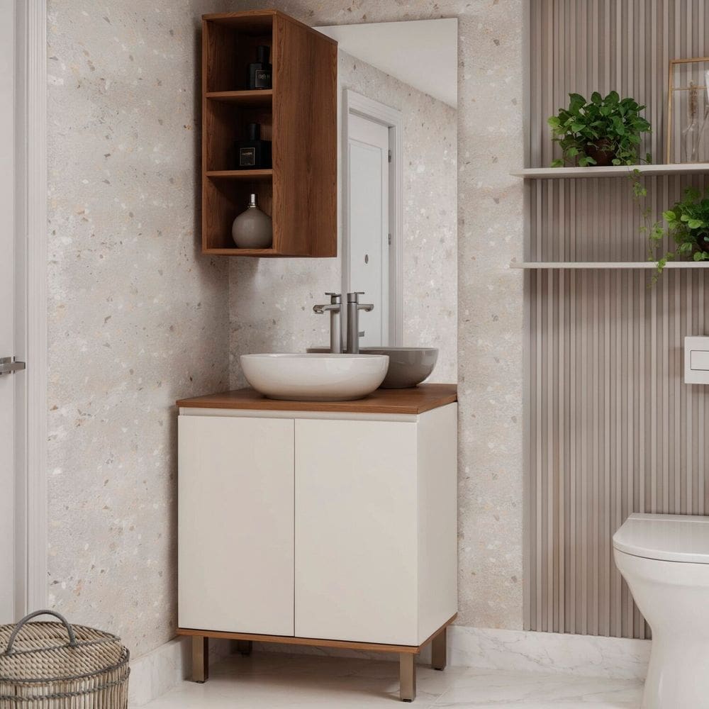 Conjunto de Banheiro Modulado 100% Mdf 2 Peças com Detalhes em Ângulo 45 Graus Auris Canela/Off White