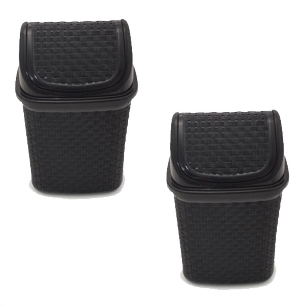 2 Lixeiras De Pia Prática Preta Tampa Basculante Rattan 4,5L