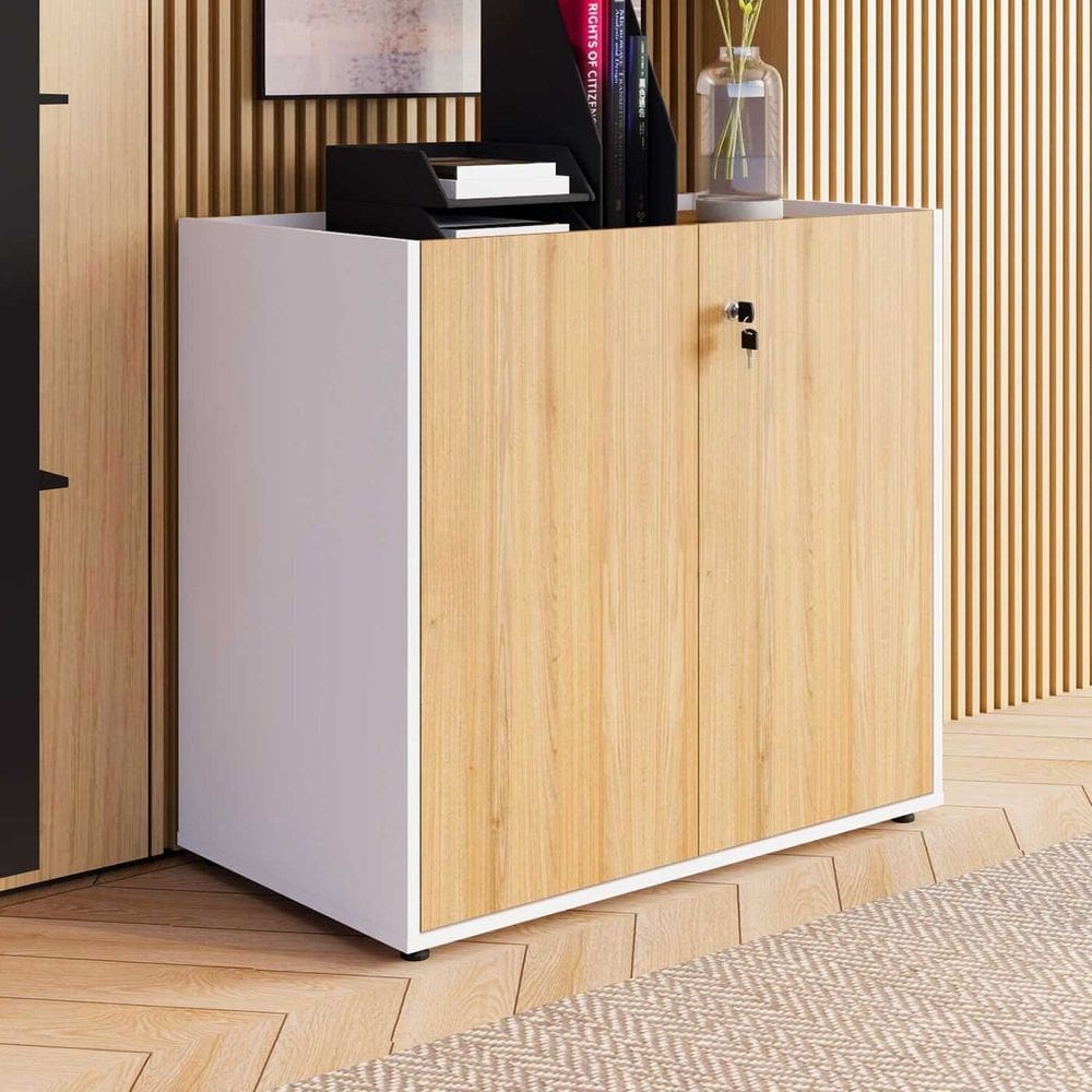 Armário Baixo 80cm com 2 Portas e Tampo Embutido para Escritório Macadâmia com Branco