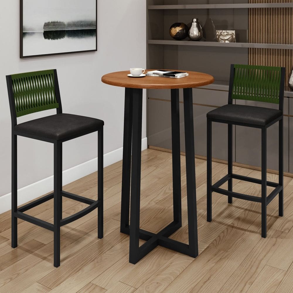 Conjunto Mesa Bistrô Tampo Madeira Maciça Coliseu com 2 Banquetas Barcelona Verde/Preto