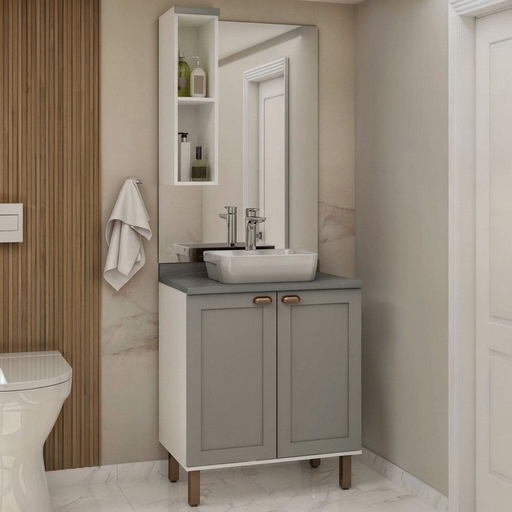 Conjunto de Banheiro Modulado 100% Mdf Americano 2 Peças Iluminata Branco/Cinza/Cinza