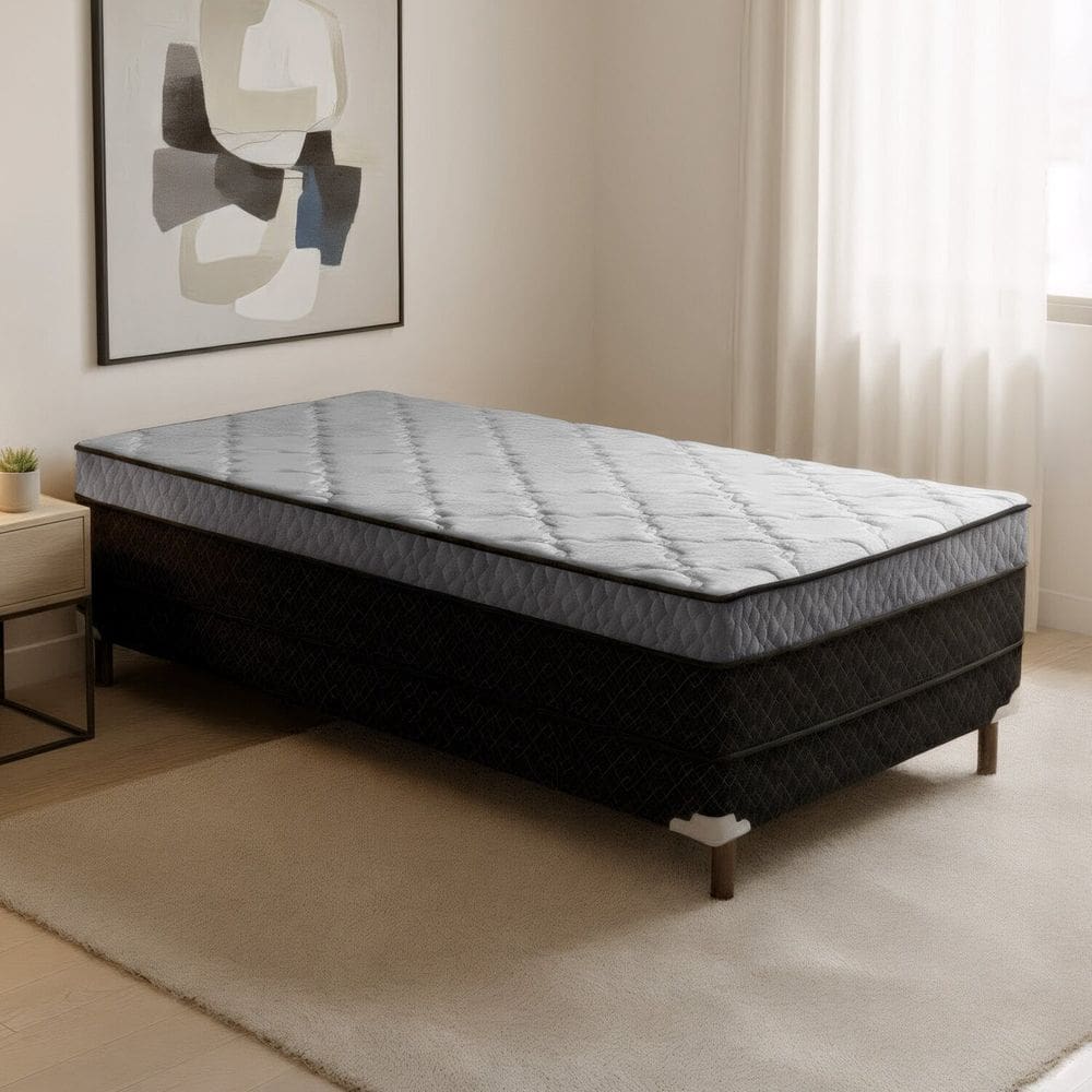 Cama Box Solteiro com Pés em Madeira Maciça Air Dream Rústico Preto/Branco